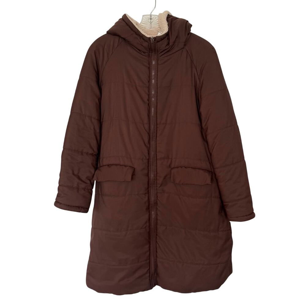 Brown Sherpa Lined Hooded Puffer Parka Coat Women's Size Small Winter Jacket